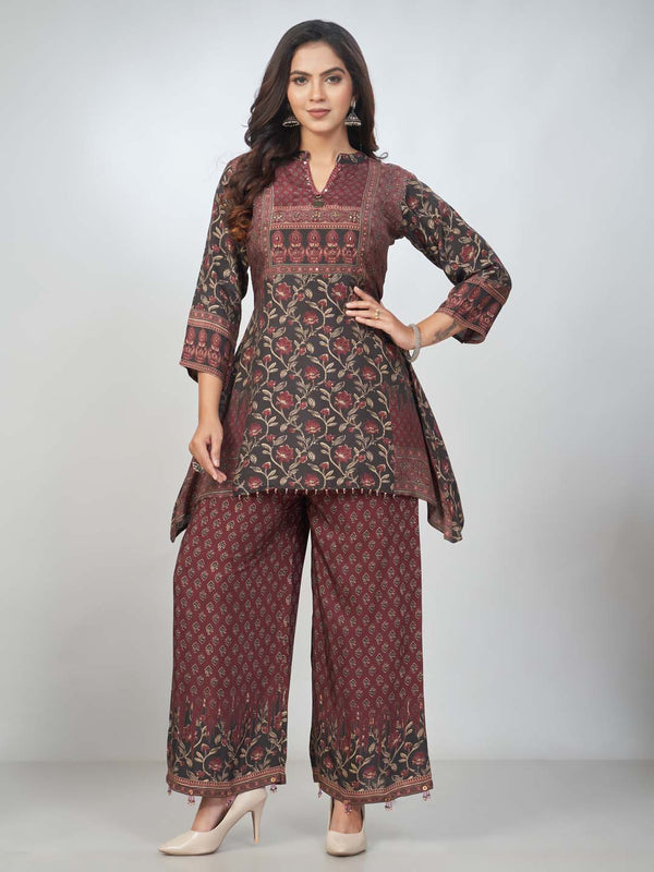 Amchoor Maroon Viscose silk Digital Prints Kurta and Trouser Set for Womens