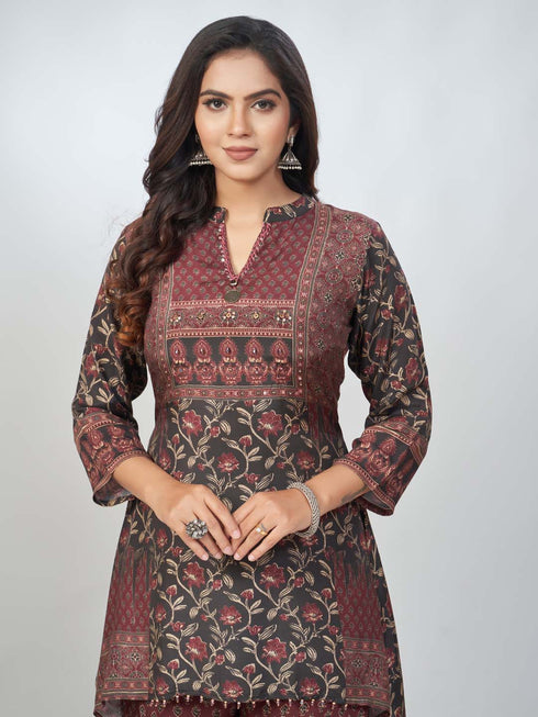 Amchoor Maroon Viscose silk Digital Prints Kurta and Trouser Set for Womens