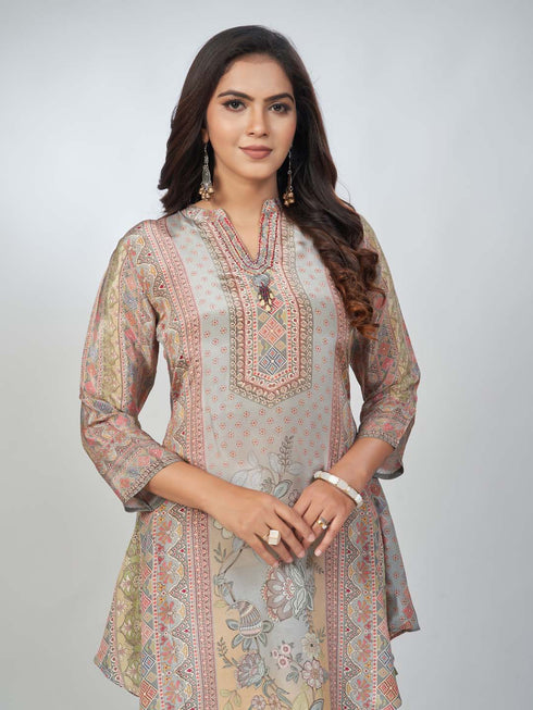 Amchoor Grey crepe Digital Prints Kurta and Trouser Set for Womens