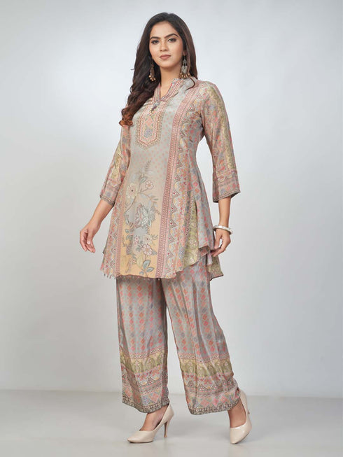 Amchoor Grey crepe Digital Prints Kurta and Trouser Set for Womens