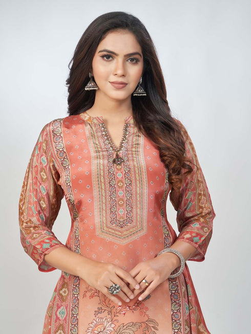 Amchoor Rust Crepe Digital Prints Kurta and Trouser Set for Women's