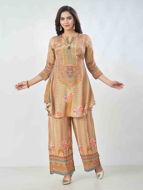 Amchoor Beige Crepe Digital Prints Kurta And Trouser Set For Womens