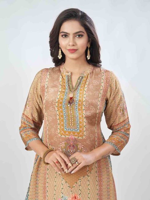 Amchoor Beige Crepe Digital Prints Kurta And Trouser Set For Womens