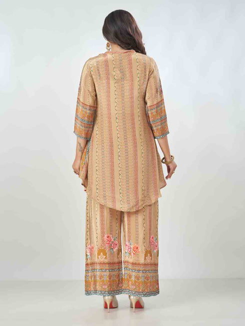 Amchoor Beige Crepe Digital Prints Kurta And Trouser Set For Womens