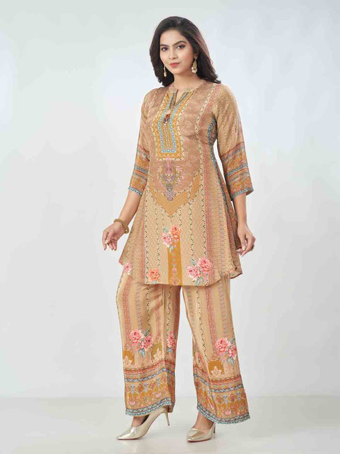 Amchoor Beige Crepe Digital Prints Kurta And Trouser Set For Womens