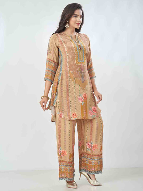 Amchoor Beige Crepe Digital Prints Kurta And Trouser Set For Womens