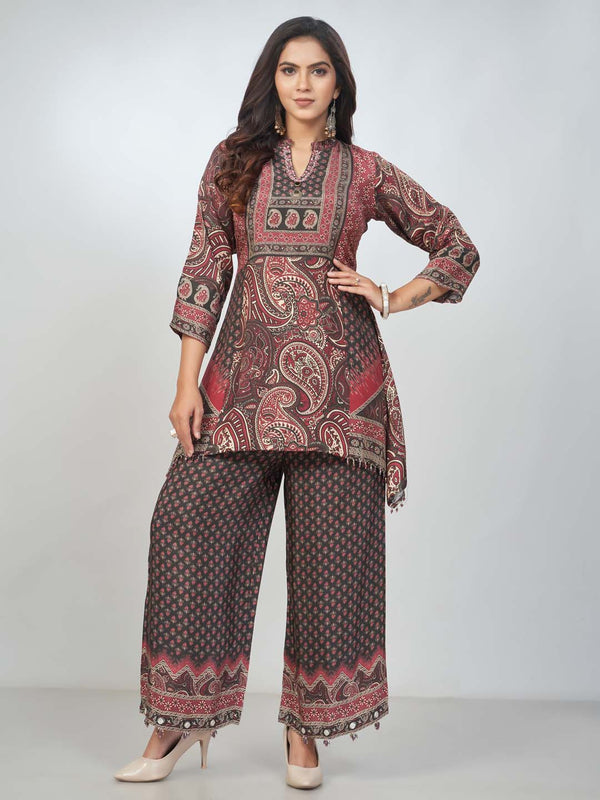 Amchoor Maroon Viscose silk Digital Prints Kurta and Trouser Set for Womens