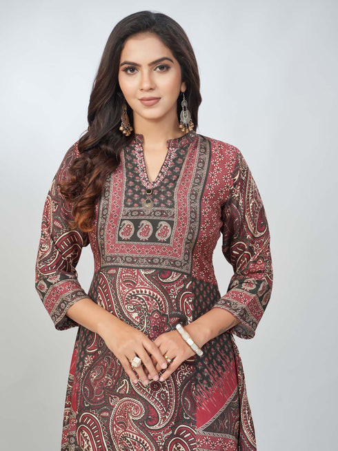 Amchoor Maroon Viscose silk Digital Prints Kurta and Trouser Set for Womens