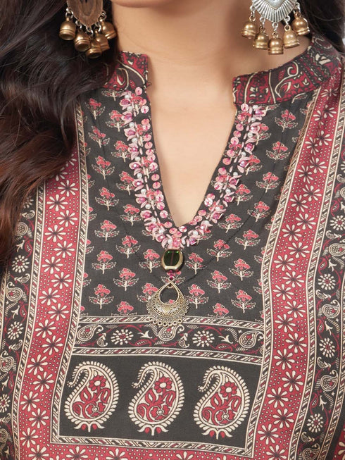 Amchoor Maroon Viscose silk Digital Prints Kurta and Trouser Set for Womens