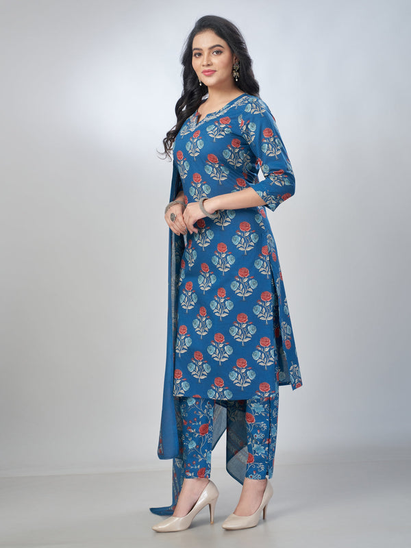 Amchoor Blue Cotton Floral Kurta Sets For Womens