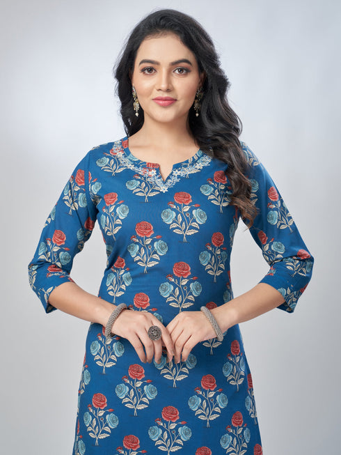 Amchoor Blue Cotton Floral Kurta Sets For Womens