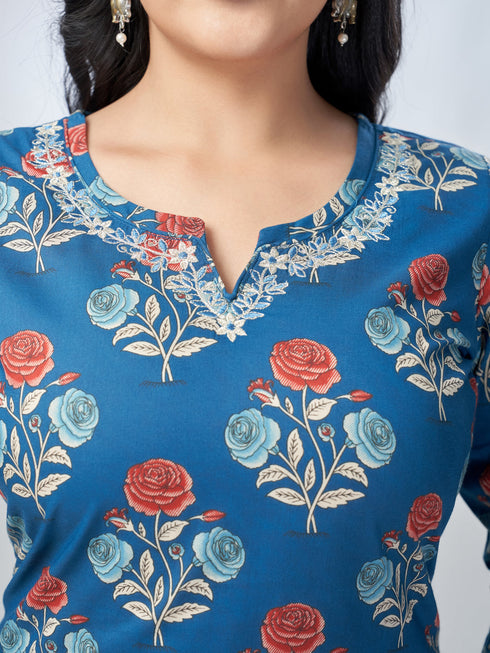 Amchoor Blue Cotton Floral Kurta Sets For Womens