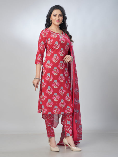 Amchoor Fuchsia Cotton Floral Kurta Sets For Womens