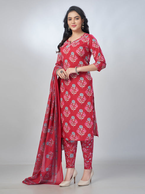 Amchoor Fuchsia Cotton Floral Kurta Sets For Womens