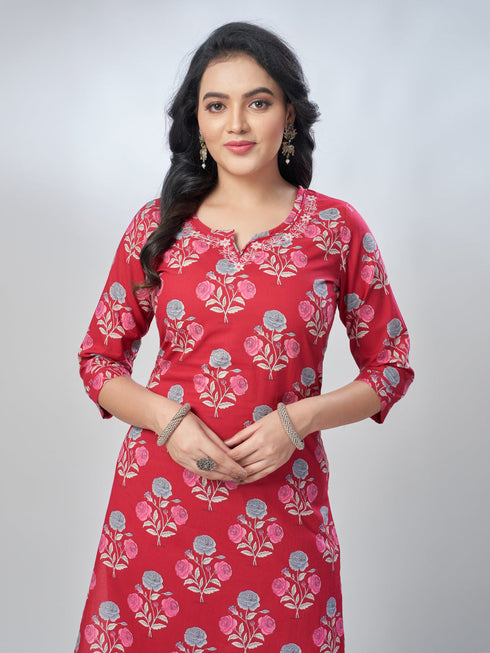 Amchoor Fuchsia Cotton Floral Kurta Sets For Womens