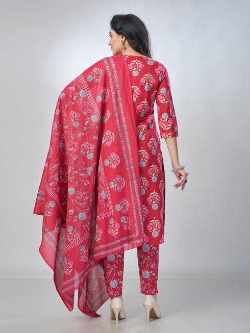 Amchoor Fuchsia Cotton Floral Kurta Sets For Womens