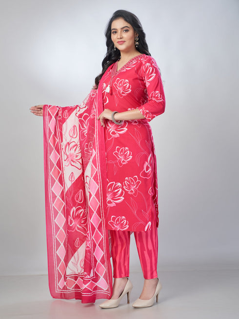 Amchoor Pink Cotton Floral Kurta Sets For Womens