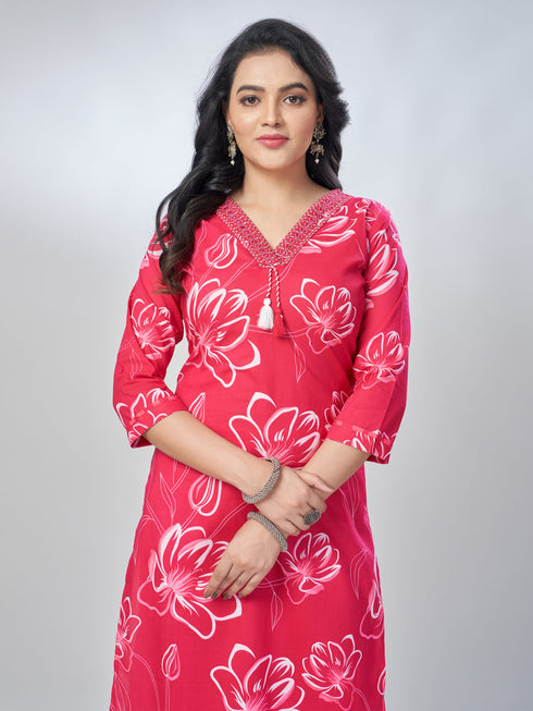 Amchoor Pink Cotton Floral Kurta Sets For Womens