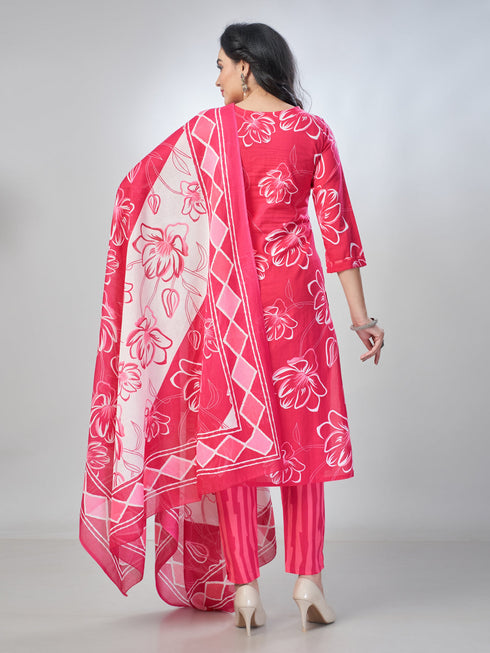 Amchoor Pink Cotton Floral Kurta Sets For Womens