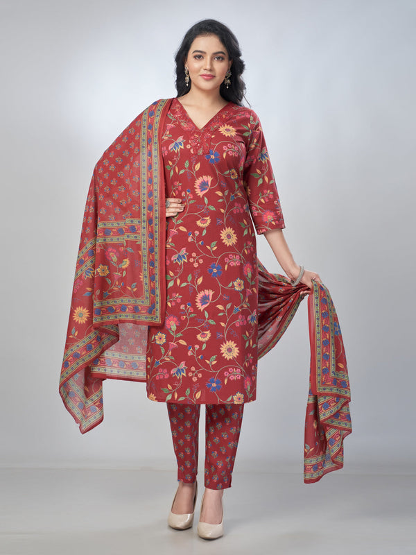 Amchoor Maroon Cotton Floral Kurta Sets For Womens