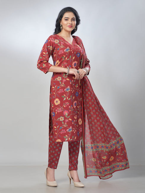 Amchoor Maroon Cotton Floral Kurta Sets For Womens
