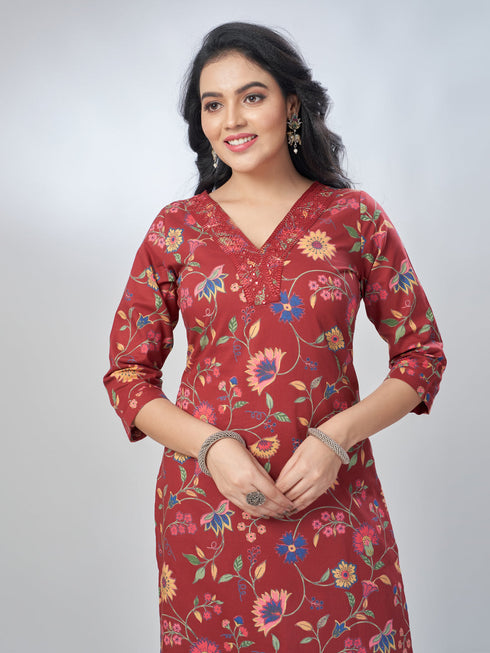 Amchoor Maroon Cotton Floral Kurta Sets For Womens