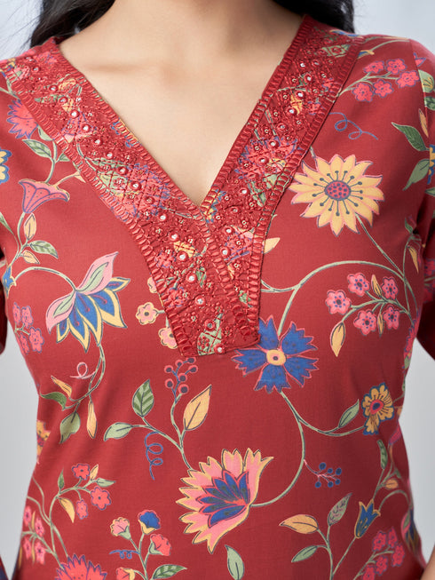 Amchoor Maroon Cotton Floral Kurta Sets For Womens