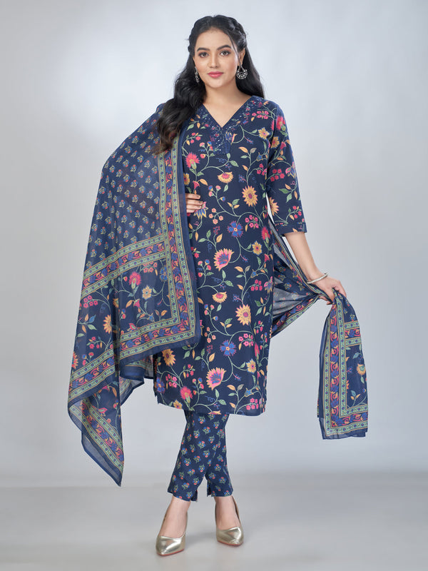 Amchoor Navy Cotton Floral Kurta Sets For Womens