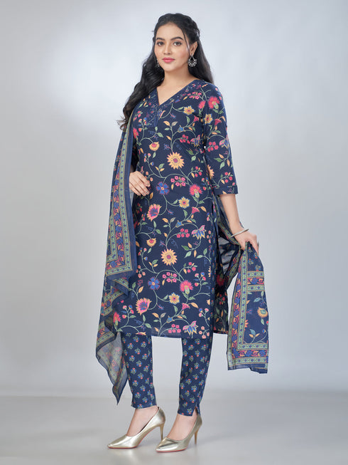 Amchoor Navy Cotton Floral Kurta Sets For Womens