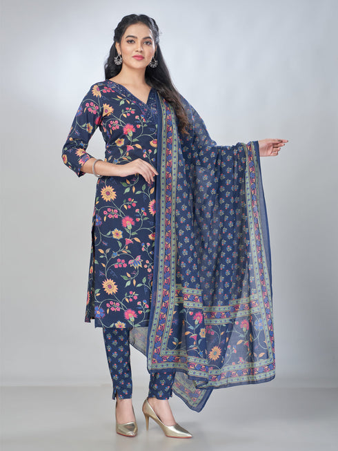 Amchoor Navy Cotton Floral Kurta Sets For Womens