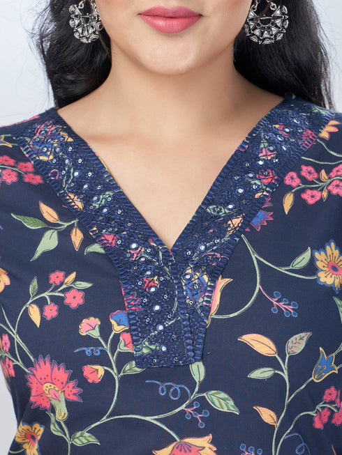 Amchoor Navy Cotton Floral Kurta Sets For Womens