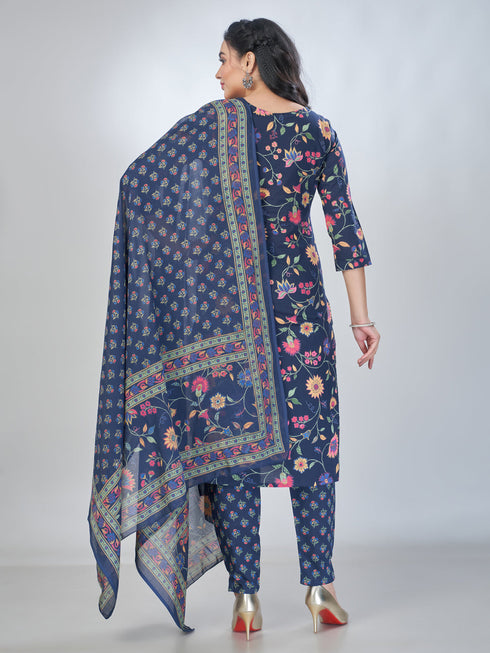 Amchoor Navy Cotton Floral Kurta Sets For Womens