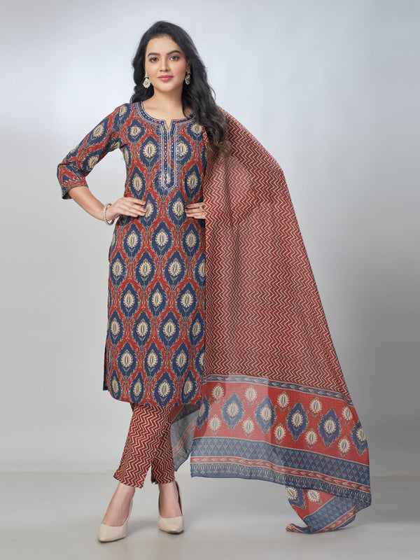 Amchoor Blue Cotton Floral Kurta Sets For Womens