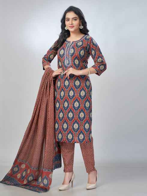 Amchoor Blue Cotton Floral Kurta Sets For Womens