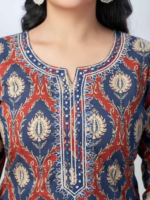 Amchoor Blue Cotton Floral Kurta Sets For Womens