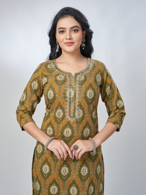 Amchoor Green Cotton Floral Kurta Sets For Womens