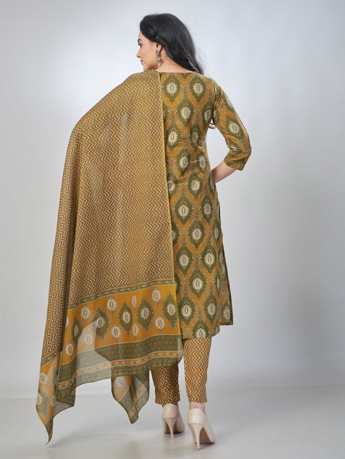 Amchoor Green Cotton Floral Kurta Sets For Womens