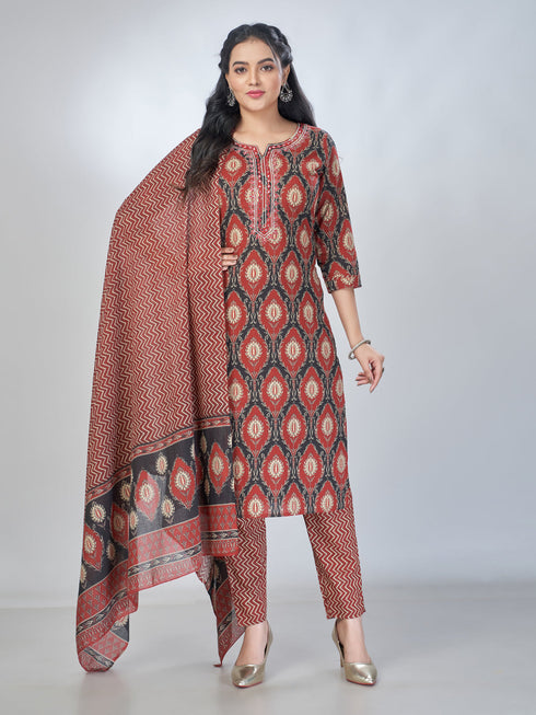 Amchoor Maroon Cotton Floral Kurta Sets For Womens