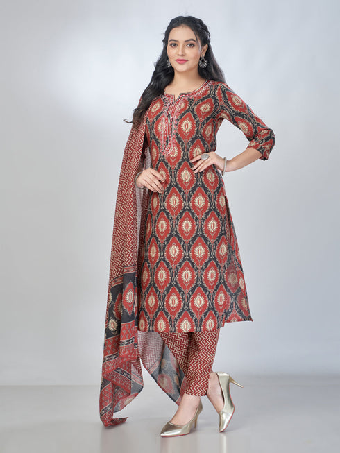 Amchoor Maroon Cotton Floral Kurta Sets For Womens