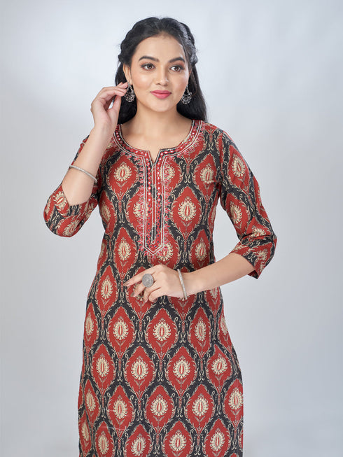 Amchoor Maroon Cotton Floral Kurta Sets For Womens
