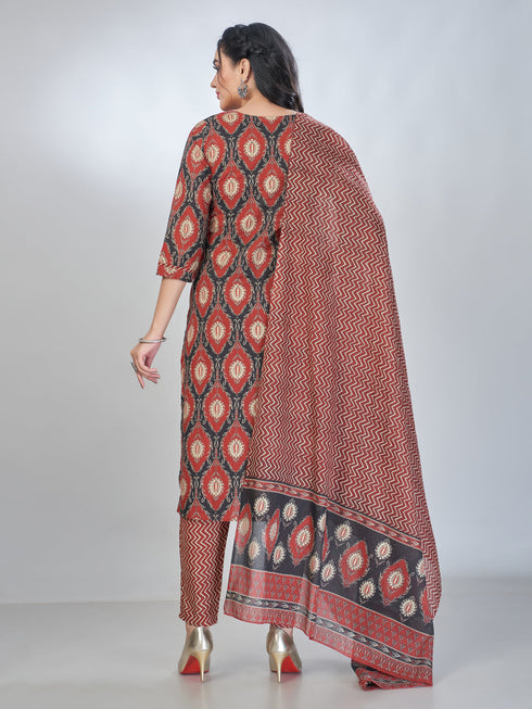 Amchoor Maroon Cotton Floral Kurta Sets For Womens