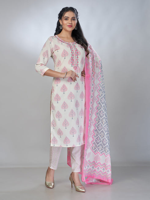 Amchoor Pink Cotton Embroidered Kurta Sets For Womens