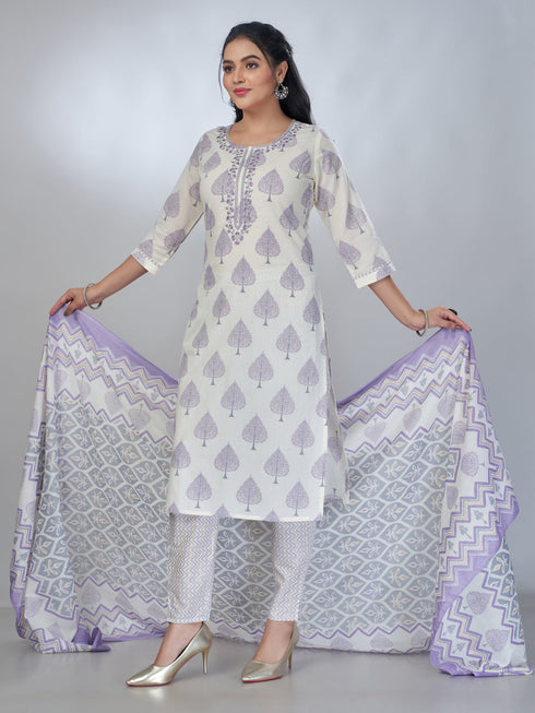 Amchoor Purple Cotton Embroidered Kurta Sets For Womens