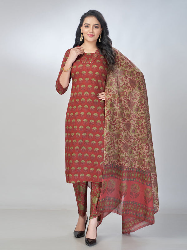 Amchoor Maroon Cotton Embroidered Kurta Sets For Womens
