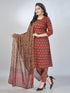 Amchoor Maroon Cotton Embroidered Kurta Sets For Womens