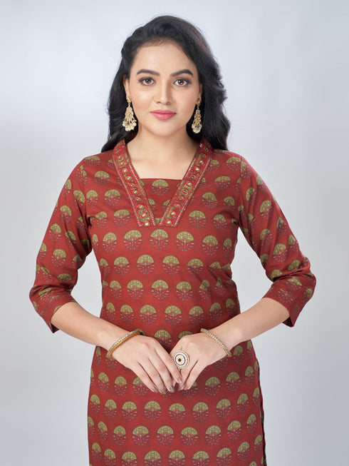 Amchoor Maroon Cotton Embroidered Kurta Sets For Womens