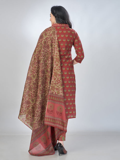 Amchoor Maroon Cotton Embroidered Kurta Sets For Womens