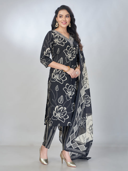 Amchoor Black Cotton Floral Kurta Sets For Womens