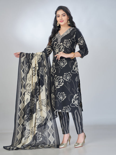 Amchoor Black Cotton Floral Kurta Sets For Womens