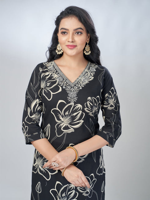 Amchoor Black Cotton Floral Kurta Sets For Womens